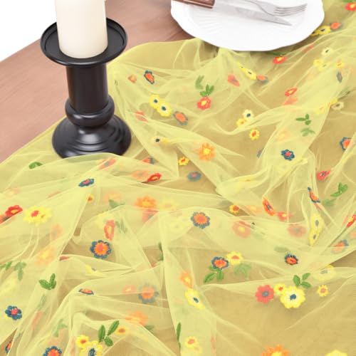 Joanlody Yellow Embroidery Daisy Spring Summer Table Runner Florals Seasonal Tulle Table Runner for Home Garden Tea Party Holiday Birthday Decoration - color: Yellow, size: 10ft x 1pack