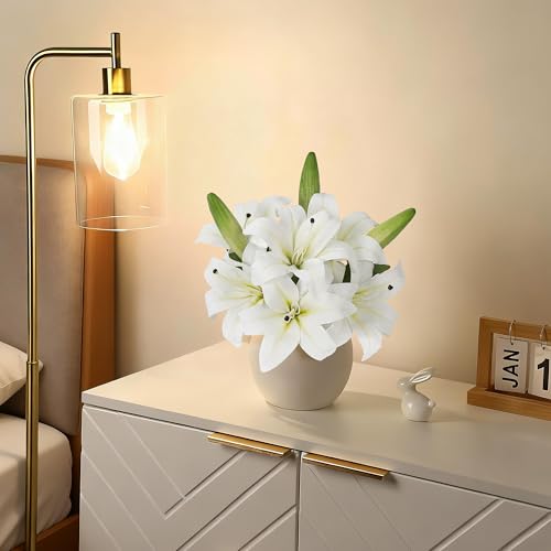 Artificial Lily Flowers with Ceramic Vase, White Silk Lily Flower Arrangement, Fake Flowers in Vase Centerpiece, Faux Floral Arrangement for Table Decor, Shelf, Bathroom, Wedding, Home Decoration