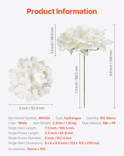 VEVOR Artificial Flowers, 105 pcs Real Looking White Silk Fake Hydrangea Bulk, White Faux Bridal Shower with Stems for DIY Wedding Bouquets, Home Centerpieces Arrangements, Party Tables Decorations - size: 105 PCS
