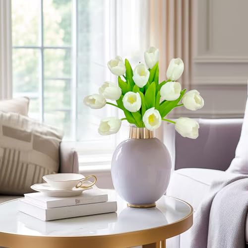 12pcs White Tulips Artificial Flowers Real Touch Silk Fake Flowers Faux Tulip Stems for Wedding Spring Bouquet Floral Arrangement Home Decorations Dining Centerpieces - color: White