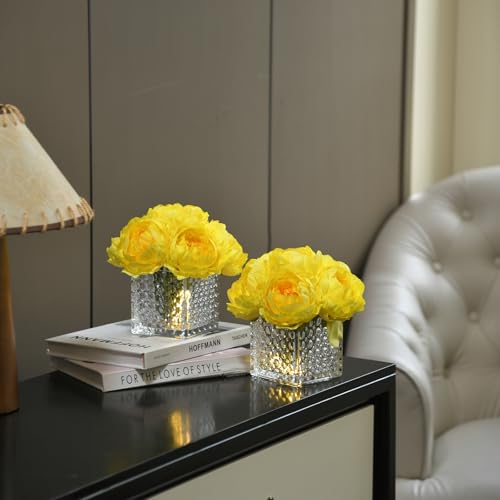 Artificial Peony Silk Flower Centerpieces with LED Light Faux Floral Arrangement in Glass Vase for Home Wedding Table Decoration (Yellow) - color: Light-yellow