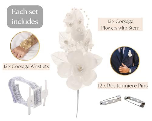 Set of 12 Artificial Silk Organza Craft Rose Flower, 12 Corsage Wristlet, 12 Pin Back DIY Boutonnieres for Wedding, Bridesmaids, Groomsmen, Quinceanera, Prom, Sweet 16 (Ivory) - color: Ivory