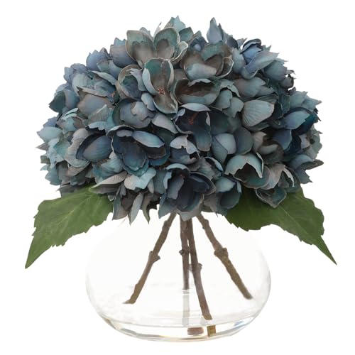Blue Artificial Hydrangea Flowers with Glass Vase, Faux Floral Arrangements with Fake Water, Lifelike Hydrangeas Table Centerpieces for Dining Room, Coffee Table, Bathroom Decor - color: D-blue