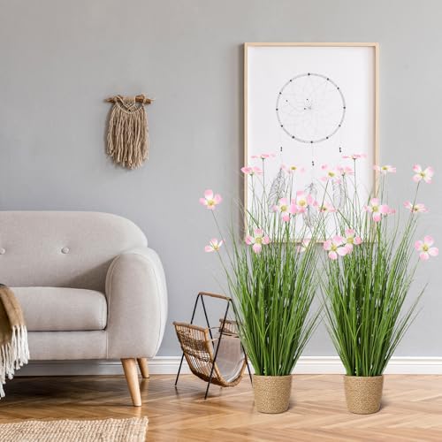 Jexine 2 Pack 3ft/35inch Artificial Outdoor Grass Plant Tall Faux Greenery Grass in Pot with Fake Pink Cosmos for Housewarming Wedding Gifts Spring Home Office Indoor Outdoor Decor - color: Cosmos, size: 3ft