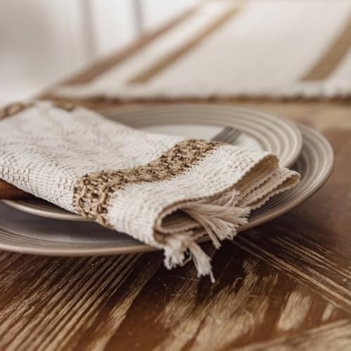 Niviy Boho Placemats Set of 8, 12x18 Inch Natural Cotton Burlap and Kitchen Woven Placemats with Tassels for Dining Table Centerpiece Thanksgiving Home Decorations - color: Beige & Brown, size: 12" x 18", Set of 8