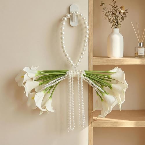 20 Pcs Calla Lily Bridal Bouquet with Pearl Handle, Pearl Cascade Wedding Bouquet with Beaded Pearls, Elegant Bridal Flowers for Wedding Ceremony, Marriage, Party, Church, Bridesmaid Bouquet
