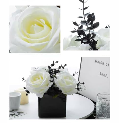 LADADA Artificial Flowers with Small Ceramic Vases | Roses in Vases Plastic Artificial Flowers and Plants,Used for Home Office Wedding Decoration（white + black） - color: White+black