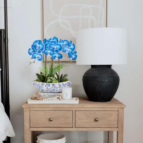 Briful Blue Orchid Artificial Flowers 18in Fake Orchid Silk Flowers with Blue and White Ceramic Pot Faux Orchid Arrangement for Home Office Room Dining Table Centerpiece Modern Decor - color: Blue-floral Pattern Vase