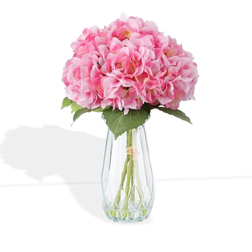 5-Piece Artificial Hydrangea Arrangement in Glass Vase - Fade-Resistant Silk Flowers with Faux Water for Table Centerpieces - color: Multi-hydrangea Stem in Vase, size: Pink