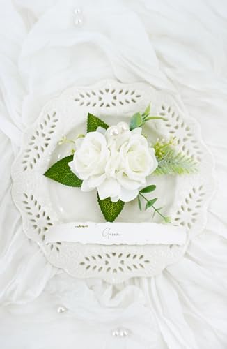 White Corsage and Boutonniere Set for Wedding Prom, Artificial Rose Flower Wrist Bracelets, Homecoming Corsage Wristlet, Boutonniere for Men Wedding Suit Decorations - color: White