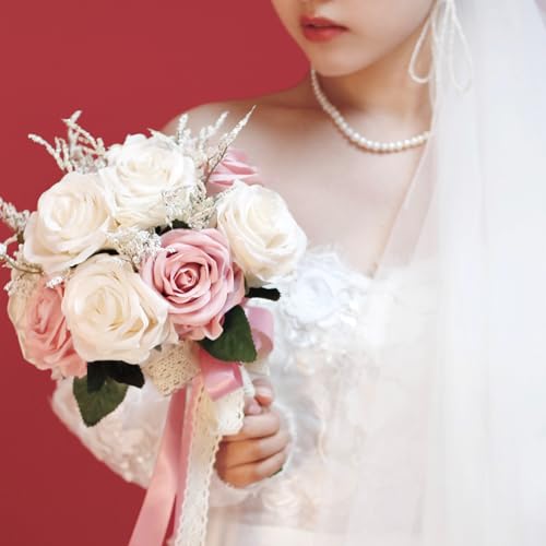 9 Inch Dusty Pink Wedding Bouquets for Bride Bridesmaid, Artificial Fake Roses Flowers Champagne Ivory Pastel Pink Bridal Bouquet Spring Fall Boho Rustic Wedding Decoration Toss Bouquet Prom - color: Dusty Pink