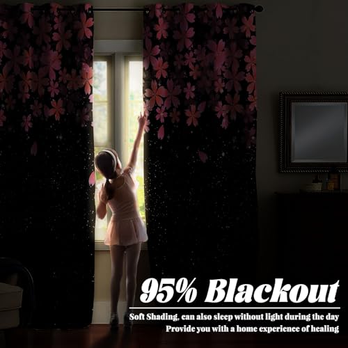Renaiss Pink Cherry Patels Blackout Curtains, Japanese Cherry Flowers Thermal Insulated Bedroom Window Curtains, Black Floral Bossom Window Curtains for Kitchen, 45" L x 29" W 2 Panel Set - color: Black & Pink, size: 29"W x 45"L (Pack of 2)