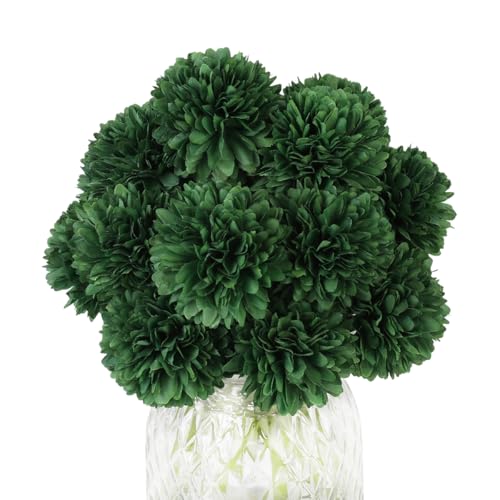 12Pcs Green Chrysanthemums Artificial Flowers Fake Silk Ball Flowers Mums Bouquets Arrangements Wedding Party Decor St Patricks Day Home Garden Table Centerpieces DIY Floral (Blackish Green) - color: Blackish Green