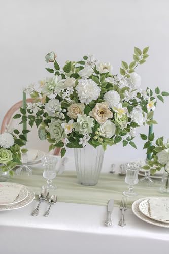rongflower White Green Artificial Flowers Combo Set Fake Flower Leaf Box with Stemst for DIY Wedding Bridal Bouquet, Centerpieces, Home Decor, Floral Arrangement Decor - color: Green White