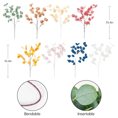 7PCS Long Artificial Eucalyptus Stems 35.4" Tall Fake Branches With Silk Apple Leaves Faux Fall Orange Plants Bouquet Flowers Arrangements Accessories For Home Fireplace Table Vase Decorations - color: Orange