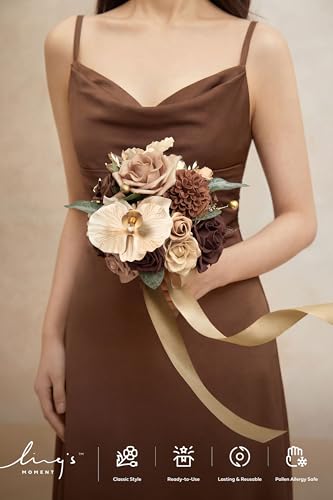 Ling's moment Walnut Brown Artificial Wedding Flower Bouquets for Bridesmaids Brown Floral Bouquet Golden Glove Bridesmaid Bouquets with Ribbon Ceremony Anniversary,7-inch Diameter - color: Br-walnut Brown & Golden Glove