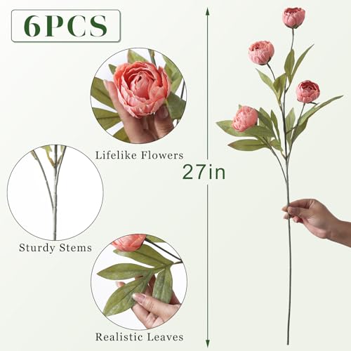 VIERENA 6 Pcs Faux Silk Peony Artificial Flowers for Vase -27", Bulk Fake Peonies Branches with Stems for DIY Bouquet Centerpieces Wedding Fillers Arrangements Shower Decorations (Dusty Pink) - color: Dusty Pink