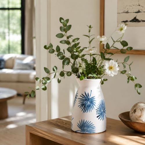 hjn Teal Ceramic Vase Modern Minimalist Table Centerpiece, Round Smooth Flower Holder for Living Room, Shelf, Mantel, Wedding & Home Decor -Cream-7" H - color: Teal White-7inch