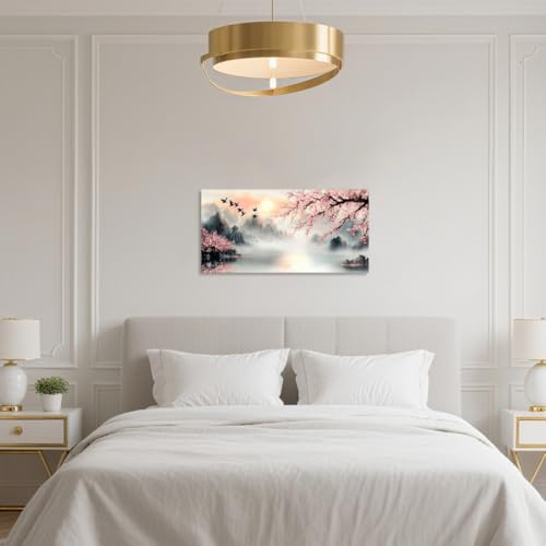 QIXIANG Cherry Blossom Mountain Canvas Wall Art Pink Floral Trees Pictures Large Landscape Painting Japanese Decor for Living Room Bedroom Framed (gold,18" W x 36" L) - color: gold, size: 18"W x 36"L
