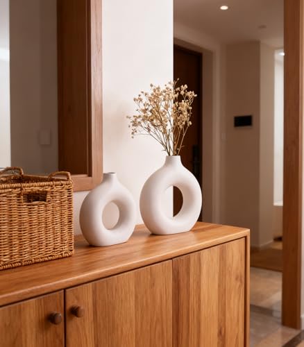 White Ceramic Vase Set of 2 Donut Home Decor Modern Farmhouse Round Matte Boho Style Living Room Table Room Pottery Small Vases for Dried Flowers - color: Vt11 White