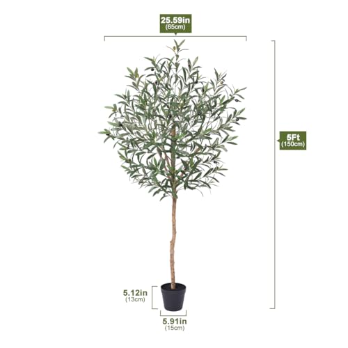 VeriNatural Artificial Olive Tree 5ft–Faux Plants Indoor Fake Tree with High Leaf Density,Silk Leaves,Real Wood Trunk–Large Green Artificial Plant Decor for Home Living Room Office,VN356 - size: 5ft