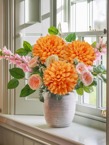 Briful [6PCS Autumn Artificial Chrysanthemum Flowers – 25.6” Long Stem Faux Silk Flowers with Large 6” Bloom Heads, Realistic Plastic Leaves – for Home Wedding Party Office Fall Decor (Orange) - color: 6'' Dia. 6pcs Orange