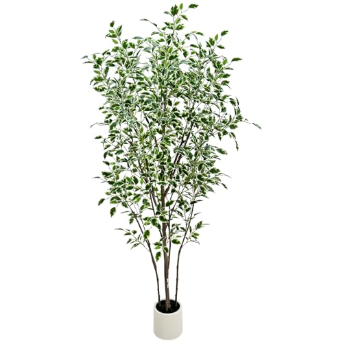 6ft Artificial Ficus Tree with White Plastic Planter | Foliage: Designed with natural green and white variegated leaves for lifelike indoor landscape decoration - color: White, size: 6ft