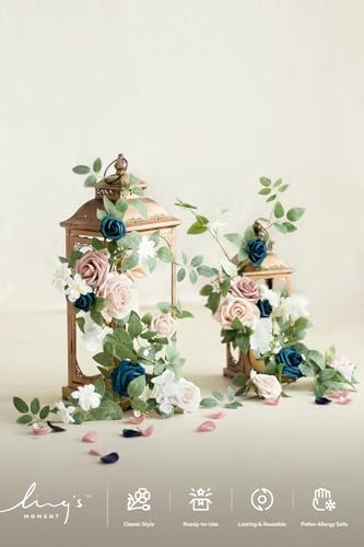 Ling's moment 6Pack 1.8ft Navy Blue Artificial Flowers Garland Dusty Rose Lantern Flower Arch Floral Centerpieces Wedding Aisle Chair Flowers for Signs Table Cake Decoration（not Including Lanterns） - color: Pk-dusty Rose & Navy