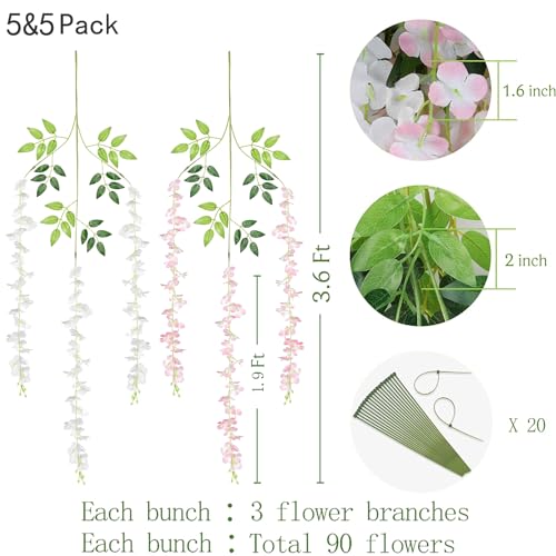 BLEUM CADE 10Pcs White & Pink Fake Wisteria Hanging Flowers, 3.6Ft/Pcs Artificial Wisteria Garland, Hanging Flowers for Wedding Party Home Backdrop Wall Decoration - color: White & Pink, size: 10pcs