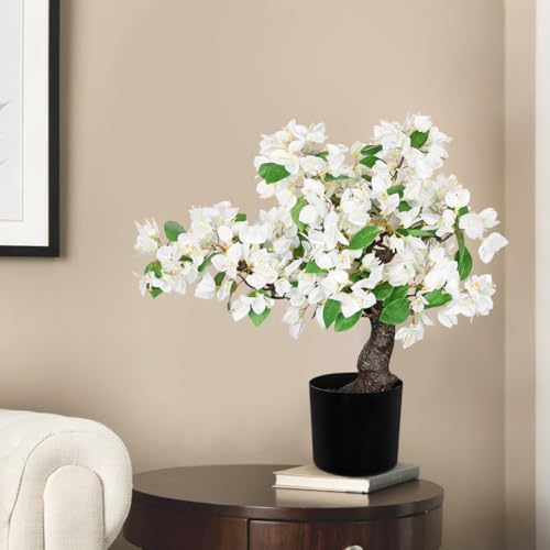 Briful Artificial Bougainvillea Flower Plant 20.8" Bougainvillea Bonsai Tree with Black Pot Silk Bougainvillea Floral Centerpiece for Home Office Room Table Shelf Mantle Decor(White) - color: White