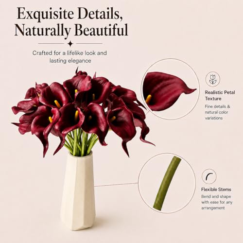 Mandy's 20pcs Burgundy Calla Lily Artificial Flowers | 13.5 Inch PU Realistic Bouquet for Vase Elegant Home Decor Centerpiece Wedding Bridal Bouquet Table Decoration - color: Burgundy