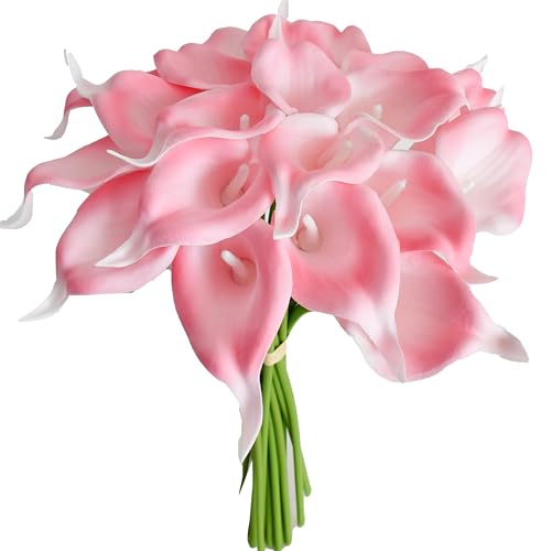 Mandy's 20pcs Pink Calla Lily Artificial Flowers | 13.5 Inch PU Realistic Bouquet for Vase Elegant Home Decor Centerpiece Wedding Bridal Bouquet Table Decoration - color: Pink-1