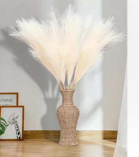 9 Pcs 45" Tall Pampas Grass Beige Decor, Long Stem Artificial Flower Floor Vase Large Faux Floral Pompas Fake Plants Dried Bouquet Arrangement Vase Filler for Boho Home Wedding Decoration - color: 9 Pcs 45" Beige Style