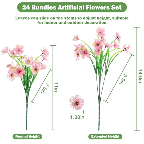 Nepfaivy Artificial Flowers Outdoor Pink - 24 Bundles UV-Resistant Fake Flowers for Outside with Realistic Plastic Plants, Real Looking No Fade Faux Silk Flowers for Planters, Porch,Garden Decoration - color: Pink