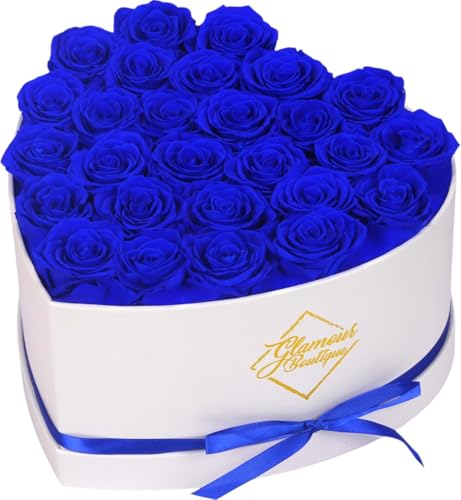 GLAMOUR BOUTIQUE Preserved Roses in a Box - Gifts for Her, Wife & Mom, Rose Flowers Forever Decor for Birthday Gift, Get Well Flower Bouquet Cased in White Box with Cover, Blue, 27 (Color-Treated) - color: Blue, size: 27 Roses Heart Box