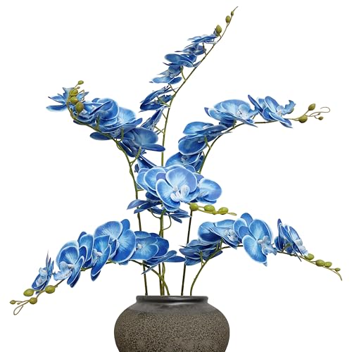ATFL 6 Pack Blue Orchid Artificial Flowers Real Touch, 32'' Artificial Fake Faux Silk Orchid Stem Bouquets for Wedding Party Home Garden Decor,Orquideas Artificiales para Decora (not Including Pot) - color: Blue