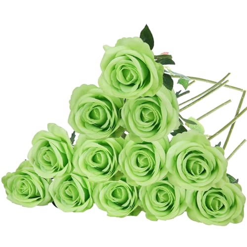 Felice Arts 12 Pack Light Green Artificial Flowers with Stems Silk Roses Fake Flowers Bouquet for Wedding Table Vase Home Kitchen Hotel Office Party DIY Decor - color: Light Green