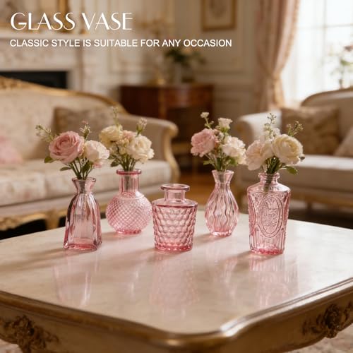 Petal Petite Small Pink Glass Bud Vase Set of 24 for Wedding Centerpieces | Pink Glass Vase, Mini Bud Vases in Bulk, Vintage Flower Vase Set for Single Stem, Home and Office Decor - color: Pink