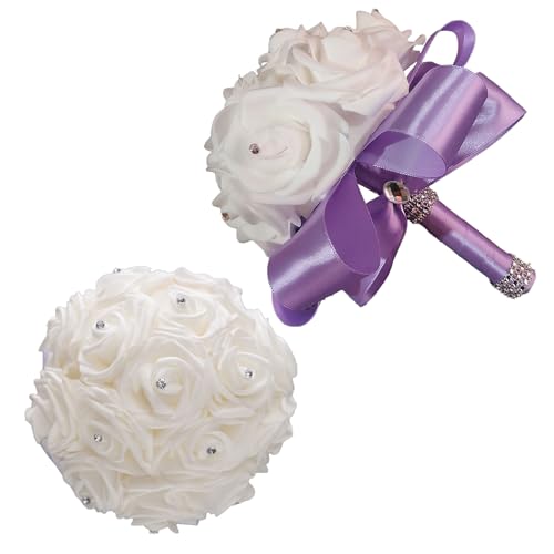 Wedding Bouquets for Bride, Bridal Flowers for Wedding, Bride Bridesmaid Hand Flowers Bridal Bouquet Crystal Diamond Silk Roses, Artificial Flowers Bouquet for Church Wedding Party (Purple) - color: Purple