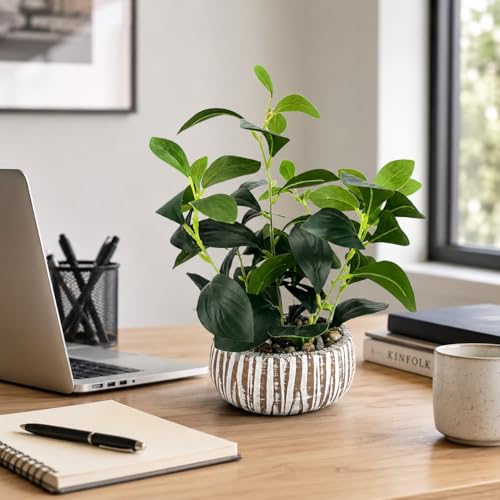 Artificial Potted Plants Life-Like Fake Plant with Farmhouse-Style Cement Planter Feturing Light Wood Tone for Room Bathroom Bedroom Kitchen Office Dese Coffee Table Décor (12.8inch) - size: Ficus 12.8inch