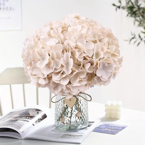 AVIVIHO 65pcs Fake Flowers Beige Hydrangea Artificial Flowers Bulk (Not Squished, No Steaming Need) Silk Flowers with Stems for Wedding Decor,Home,Baby Shower,Table Centerpieces Decoration - color: Beige, size: Medium