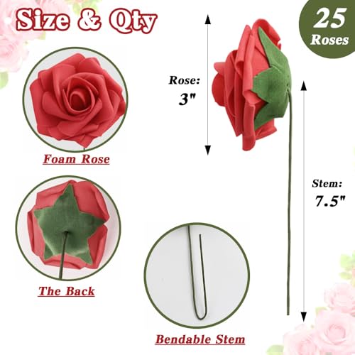 Artificial Flowers, 25 Pcs Red Foam Fake Roses Bulk for Flower Decoration DIY Wedding Bouquets, Artificial Rose with Stems for Centerpieces Bridal Shower Party Christmas Tree Cake Decor - color: Red