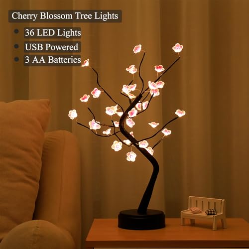PXBNIUYA 36 LED Cherry Blossom Sparkly Fairy Spirit Tree Lights, Twinkling Tree 3AA&USB Powered, Tabletop DIY Artificial Tree Lamp for Bedroom Christmas Indoor Room Decor Lights (Warm White) - color: 36 Led Cherry Blossom Warm White, size: 1ft 8in