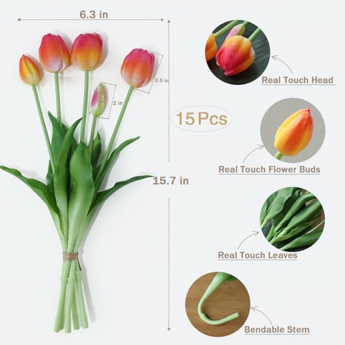 mizii 15Pcs Pink Tulips Artificial Flowers Latex Plastic Real Touch Fake Tulips Flowers Look Real Faux Tulip Flower Bouquet Decoration for Vase Room Table Centerpieces Home Decor (Orange Pink) - color: Orange Pink
