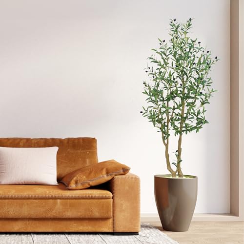 HZXGCP Olive Tree 5ft, Artificial Olive Tree with White Pot, Fake Tree with 1152 Dense Leaves & 64 High-Simulated Olive Fruits - Easy Assembly, Low Maintenance (Olive Tree 5ft) - color: Olive Tree 5ft