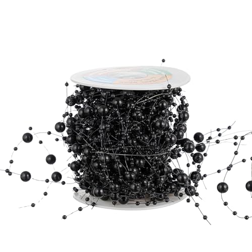 13Feet Pearl String Spool Roll for Floating Candles Faux Pearls Strands Garland for Vase Filler Wedding Centerpiece Christmas Table Decor (Black) - color: Black