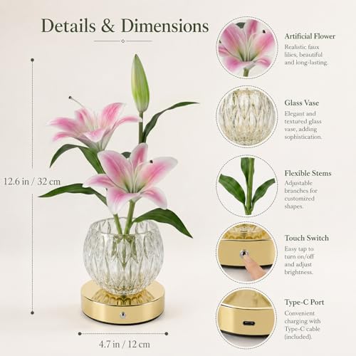 Lily Flower Lamps, 3 Colors Touch Stepless Dimming Glass Night Light, Rechargeable Artificial Flower Light, LED Flower with Vase Lamp Romantic Decor for Date Party Home (Pink - Lily) - color: Pink - Lily