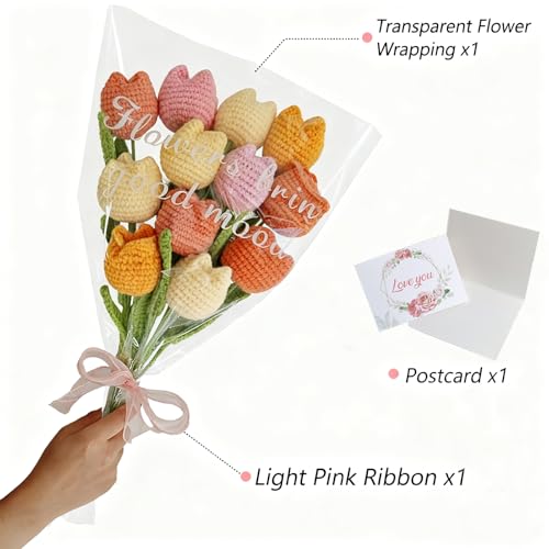 12Pcs Handmade Crochet Tulip Bouquet, Completed Knitted Yarn Artificial Tulips, Charming Knitted Flower Bouquet for Valentine's Day Mother's Day Birthday Anniversary