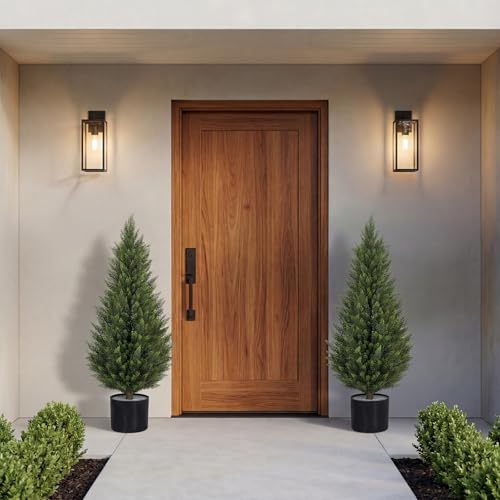 Artificial Cedar Trees 3FT Faux Cedar Topiary Evergreen Plants UV Resistant Outdoor Indoor Fake Cypress Pine Trees with Planter for Front Porch Entryway Patio Garden Home Decor Set of 2 - size: 3ft