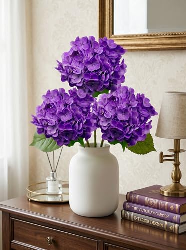 3 Pcs Real Touch Purple Hydrangea Artificial Flowers - 20" Large Jumbo 3D Latex Lilac Faux Hydrangeas for Elegant Home Decor, Wedding Centerpieces, Dining Table Vase Arrangement (Purple) - color: Purple